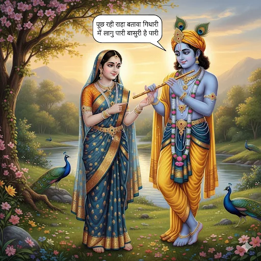 पूछ रही राधा बताओ गिरधारी मैं लगु प्यारी या बांसुरिया प्यारी – कृष्ण भजन लिरिक्स